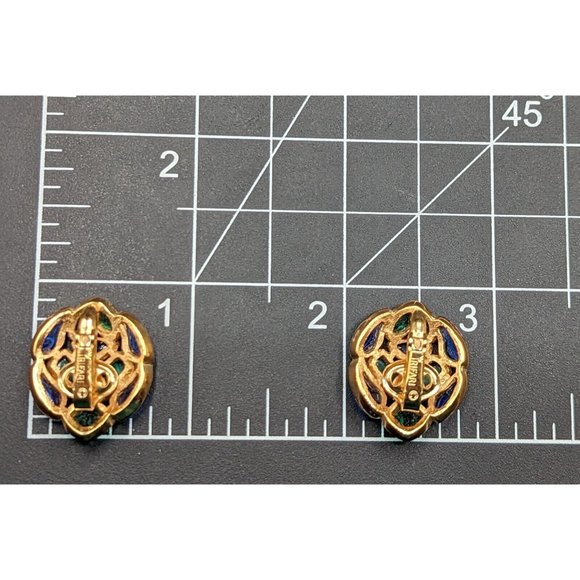 Crown Trifari Modern Mosaics Green Blue Gold Tone Clip On Earrings 1960s - Picture 5 of 8